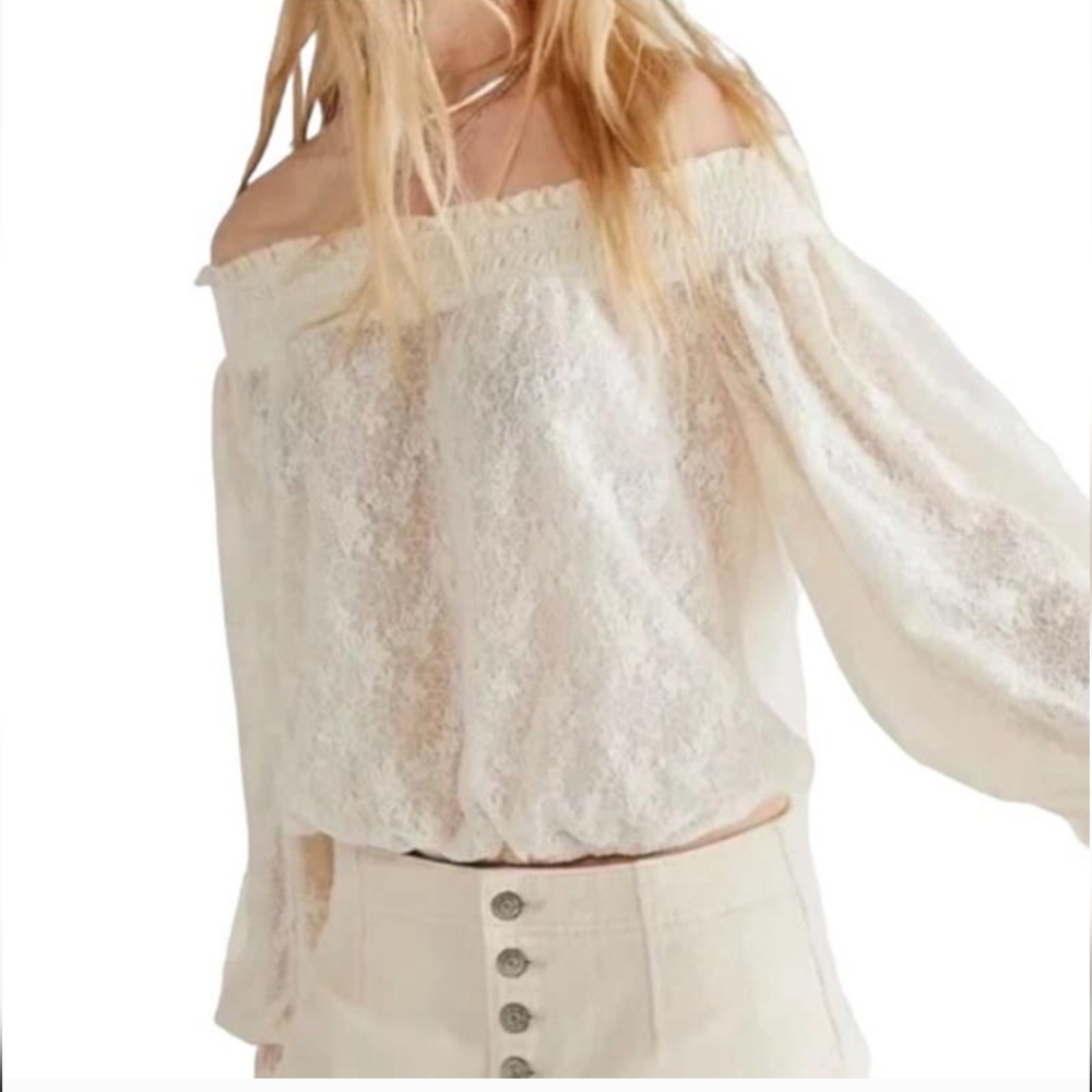 Free People Emily Lace Top Medium New w Tags Off Shoulder Off White Semi Cropped